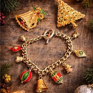 Vintage Christmas Charm Bracelet Jingle Bells Brooch Tree Holiday Set